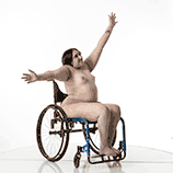 Rotatable 360 art reference photos of a nude female with spina bifida in her wheelchair
