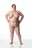 360 degree rotatable view of an obese nude female art model in a dynamic standing art reference pose for sculptors and painters