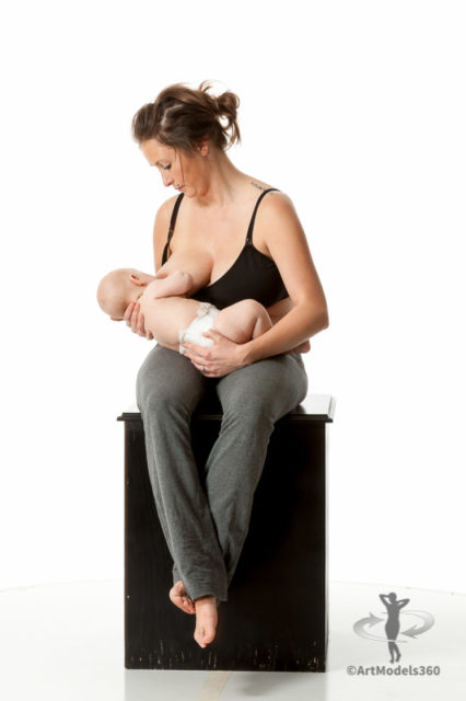 Artist reference photo of a woman breastfeeding her infant. Rotatable 360 degree view.