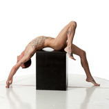 360 degree photos of a slim nude male art figure model laying on a box