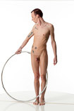 360 degree artist reference photos of a slim nude male art figure model with a hula-hoop