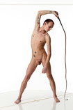 360 degree artist reference photos of a slim nude male art figure model in a performance stance with a bull whip