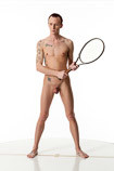 360 degree artist reference photos of a slim nude male art figure model in an action stance with a tennis racquet
