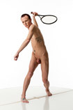 360 degree artist reference photos of a slim nude male art figure model in an action stance with a tennis racquet