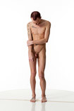 360 degree artist reference photos of a slim nude male art figure model in an action stance showing emotion