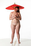 Artist reference photos of a nude curvy full figured female figure model posed with a parasol