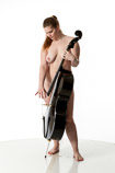 Artist reference photos of a nude curvy full figured female figure model posed with a cello