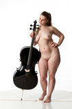 Artist reference photos of a nude curvy full figured female figure model posed with a cello