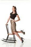 360 degree artistic reference photos of a slim pin-up model in a gold pencil skirt