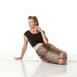 360 degree artistic reference photos of a slim pin-up model in a gold pencil skirt