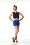 360 degree artistic reference photos of a slim pin-up model in blue shorts and a tied top