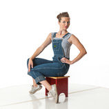 360 degree art reference photos of a classic slim pin-up model in blue jean bib overalls