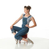 360 degree art reference photos of a young classic pin-up model in blue jean bib overalls