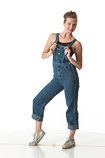 360 degree art reference photos of a young classic pin-up model in blue jean bib overalls