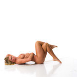 Nude 360 degree reference images of a tanned blonde female art model for use by figure artists and art students